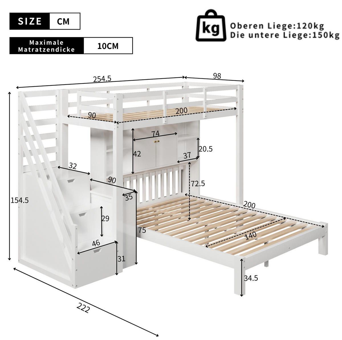 ETAGENBETT 90/200 cm + 140/200 cm in Weiß mit Stauraumtreppe und Regal - Weiß, Holz (90/200cm) - BEAOK