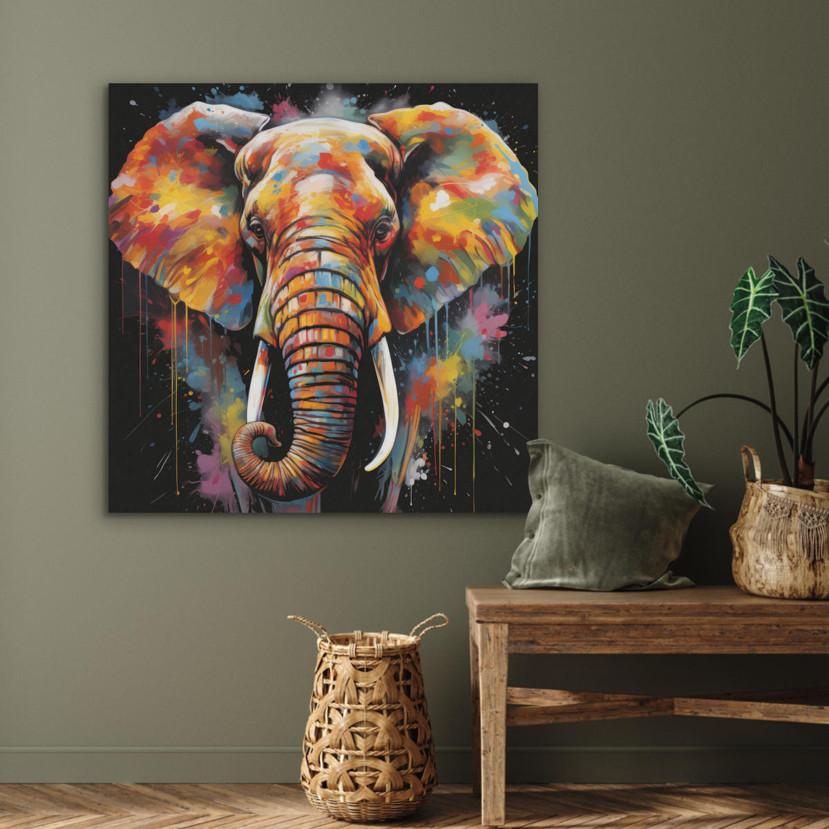 AKUSTIKPANEEL Elefant - Graffiti - Schwarz - Tiere - Farben 90x90 cm - Schwarz, Textil (90/0.9/90cm) - MuchoWow