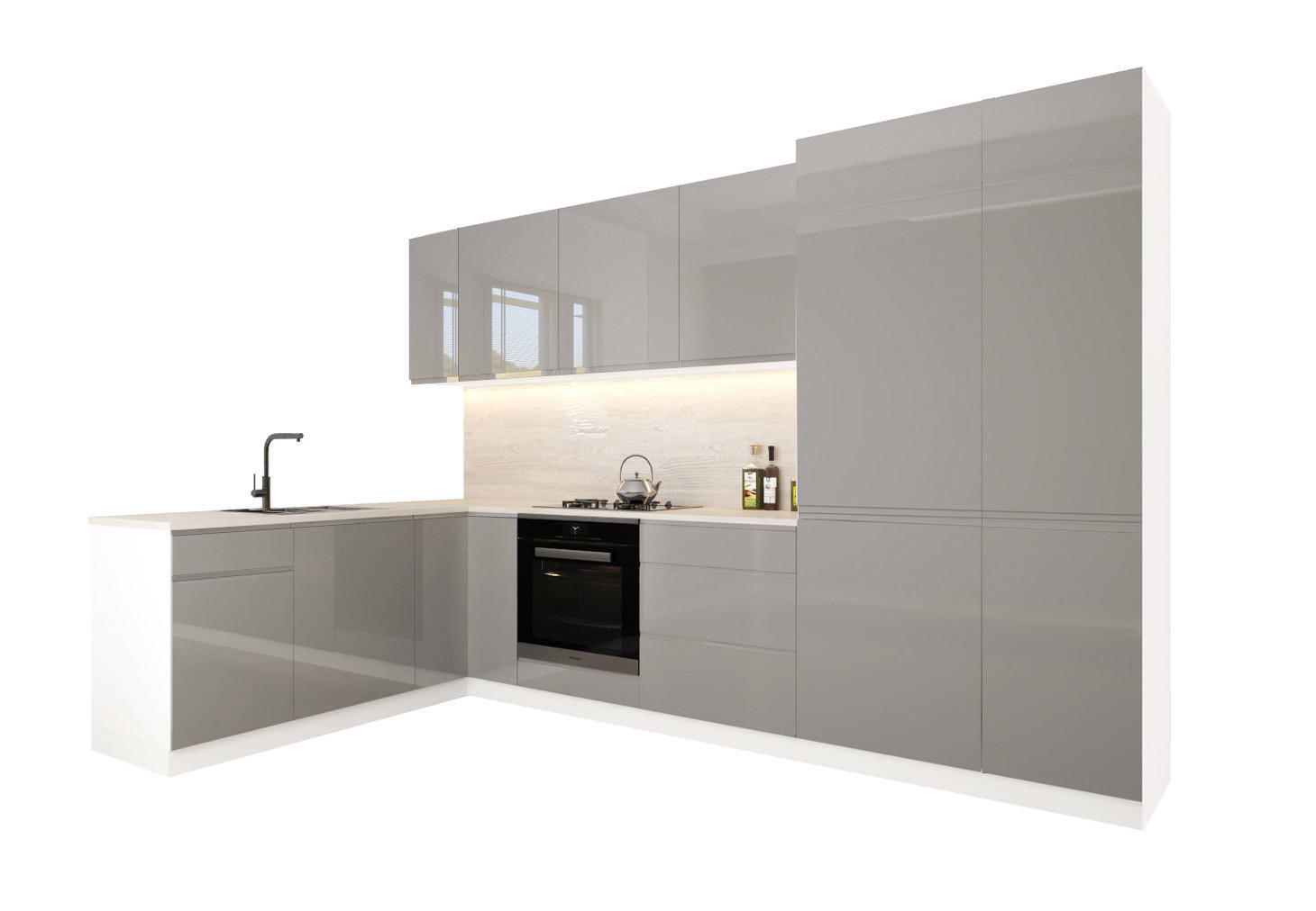 ECKKÜCHE 310 x 190 cm - Velmora KÜ-AS-005 - in Grau / Hochglanz - Grau, Holz (310/212/58cm) - ROYAL24_MARKT