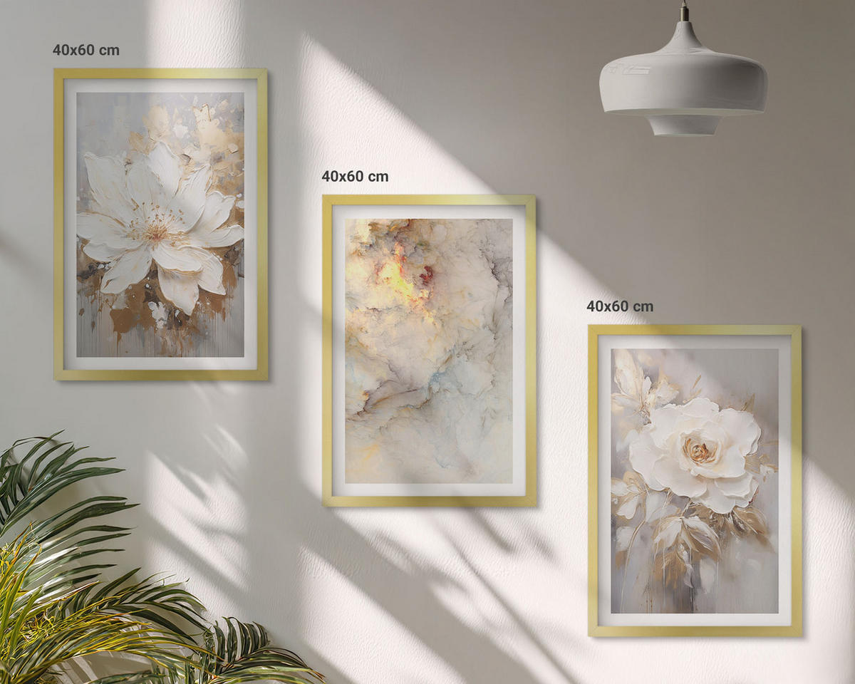BILDER SET 3er Set - 40x60 cm Goldrahmen - Blumen heller abstrakter Hintergrund - Goldfarben, Kunststoff (40/60cm) - TULUP