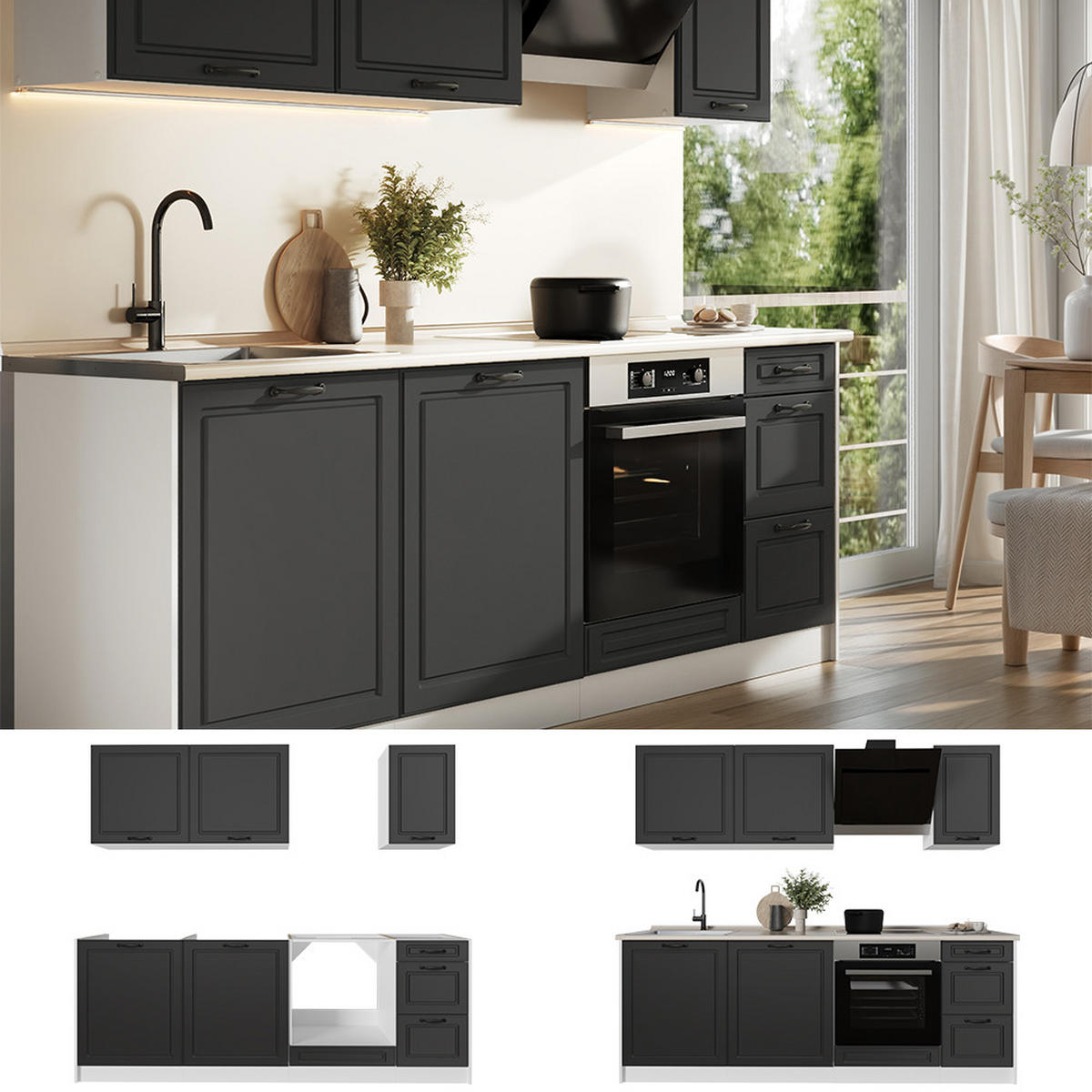 KUCHYNKA R-Line, Antracitový vidiecky dom/biely, 220 cm Goldkraft tammi työtaso - biela/antracitová, kompozitné drevo (220/81.6/60cm) - Vicco