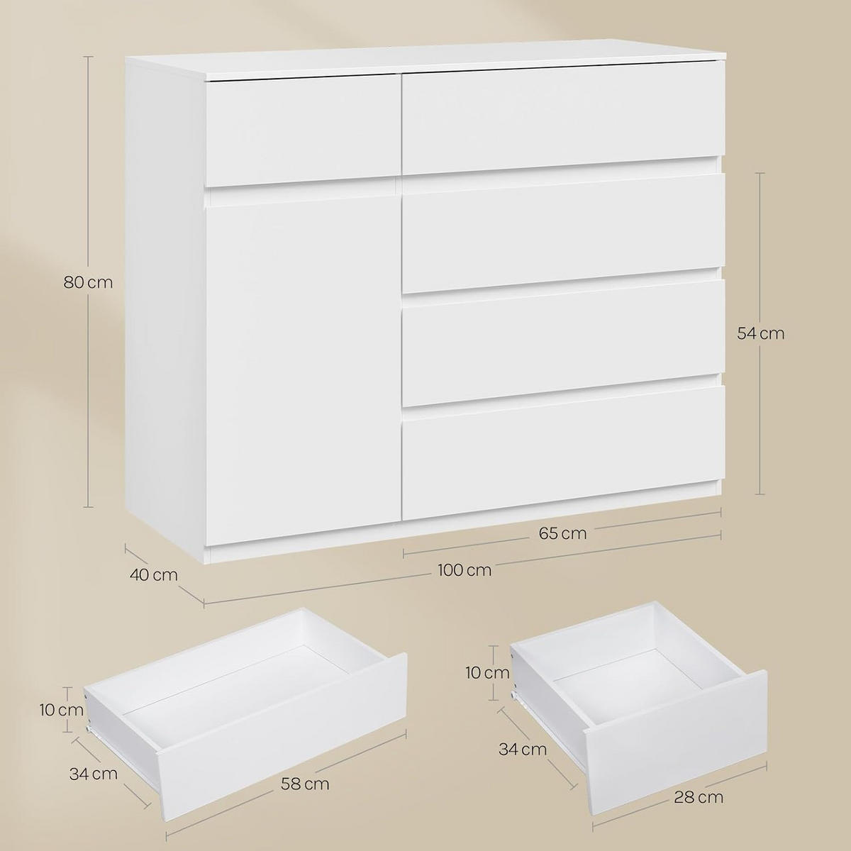 KOMMODE 5 Schubladen 100B x 40T x 80H cm Weiß - Weiß, Holzwerkstoff (100/80/40cm) - Woltu