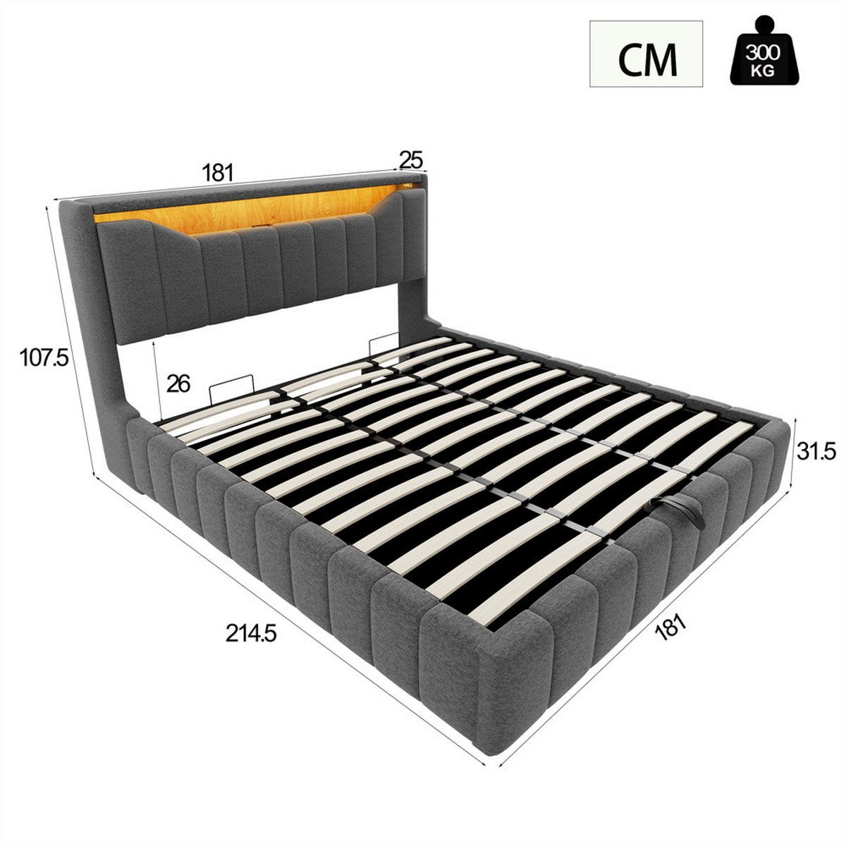 POLSTERBETT 180x200 cm mit hydraulischem Stauraum - klappbarem Kopfteil, LED & USB - Grau - ohne Matratze - Grau, Textil (180/200cm) - DELFA