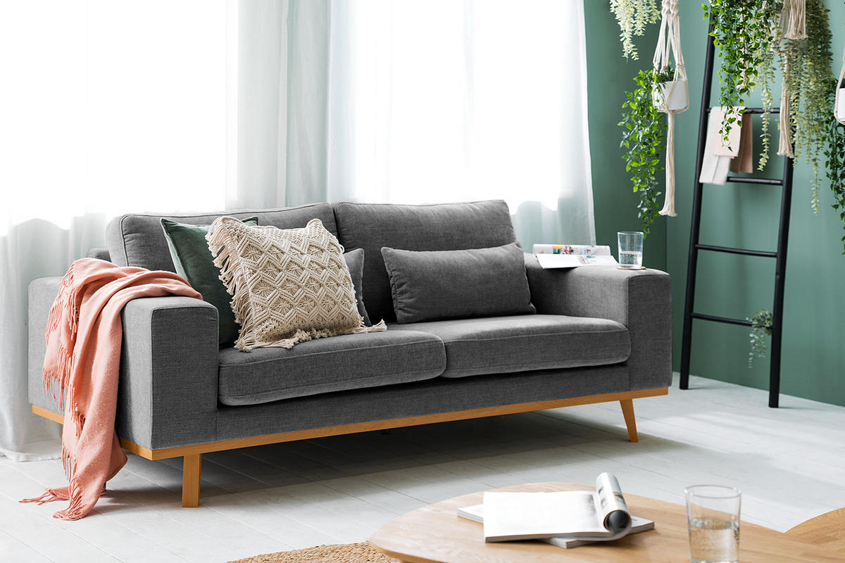 2-SITZER SOFA - Dunkelgrau/Buchefarben, Buchenholz/Textil (197/81/88cm) - home24