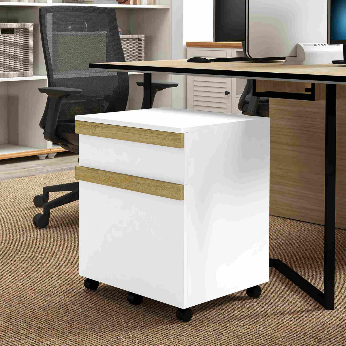 ROLLCONTAINER DE-14502 2 Schubladen mit Sortierer Weiß/Eiche - Weiß, Holzwerkstoff (40/59.5/48cm) - ComfortXL