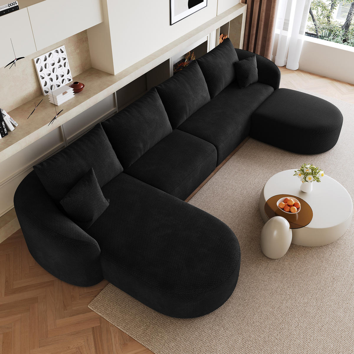 WOHNLANDSCHAFT DE-34817 U-Form 3-Sitzer Chaiselongue links Schwarz - Schwarz, Textil (168/85/336cm) - ComfortXL