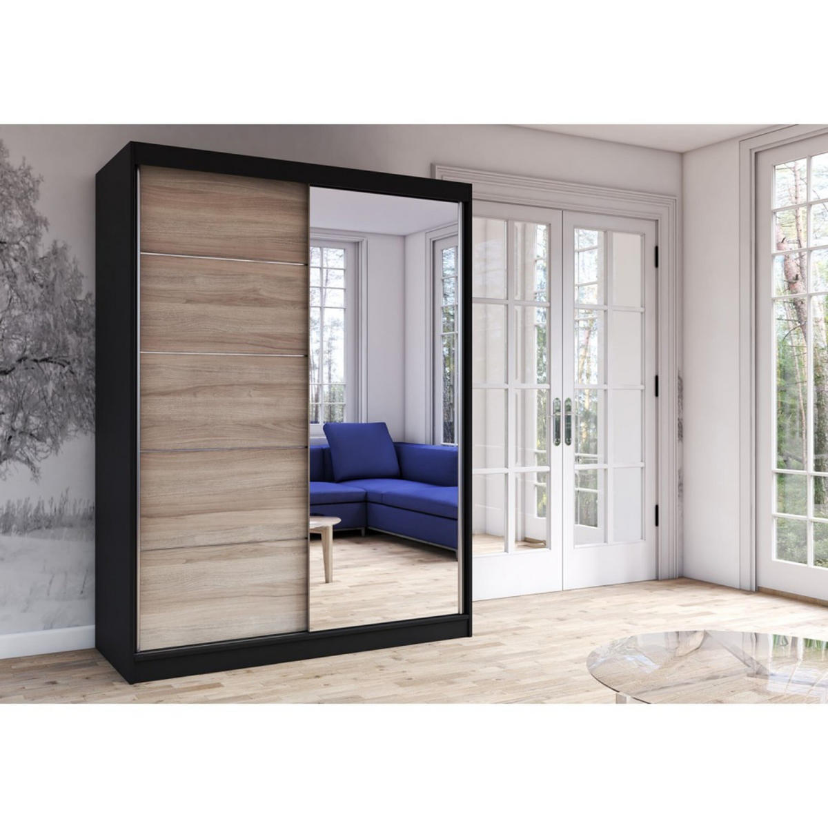 SCHIEBETÜRENSCHRANK - Beni 05 Dark (Sonoma + Schwarz) - Schwarz/Sonoma Eiche, Holzwerkstoff/Metall (150/200/61cm) - Möblo