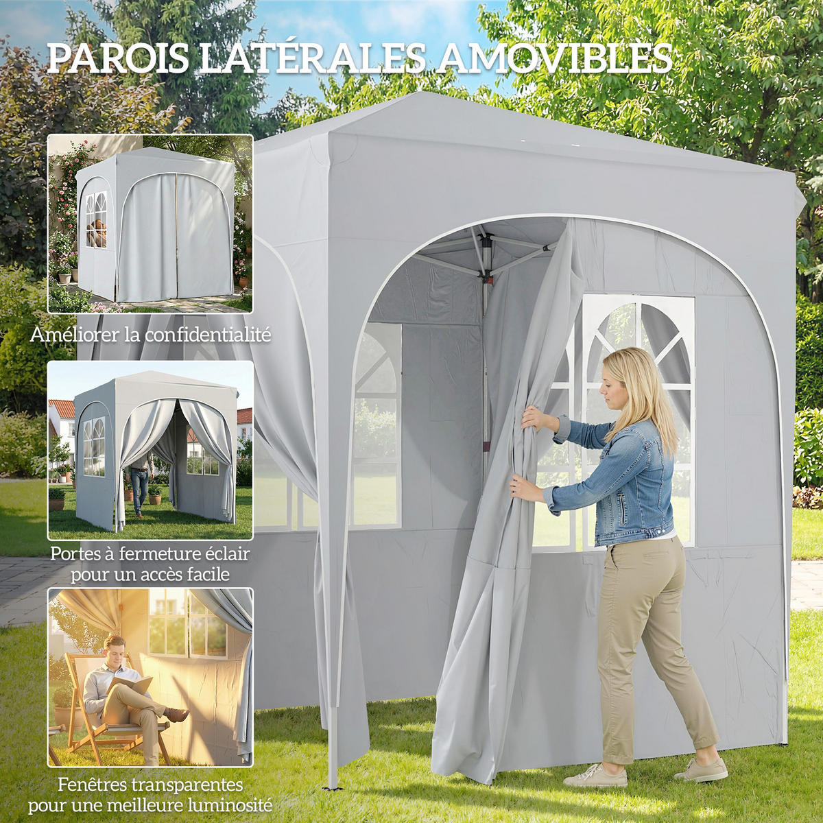 PAVILLON DE-14057 Pop-up 2/2 m, höhenverstellbar, UV50+, 4 Seitenwände Hellgrau - Hellgrau, Metall (203/251/203cm) - ComfortXL