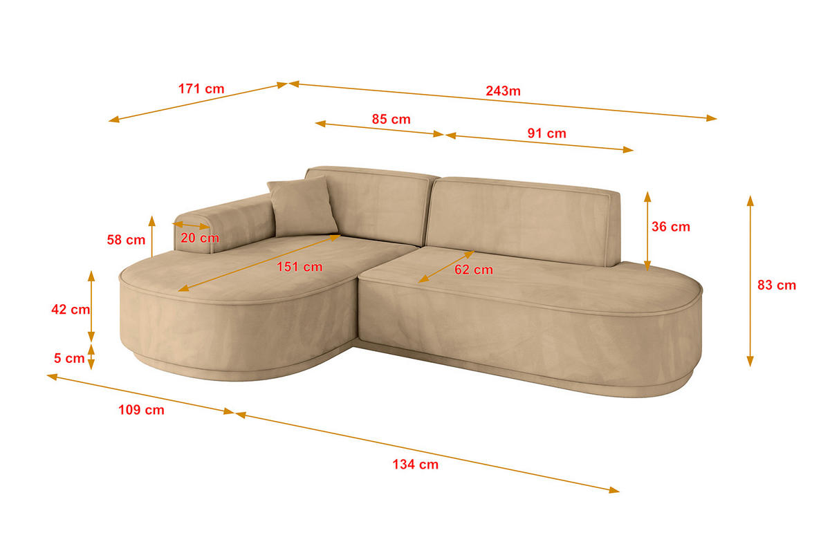 ECKSOFA Ottomane Links MARI-L1-v3 - 243x171x83 cm Taupe Velours - Taupe/Schwarz, Holzwerkstoff/Kunststoff (243/171cm) - ALTDECOR