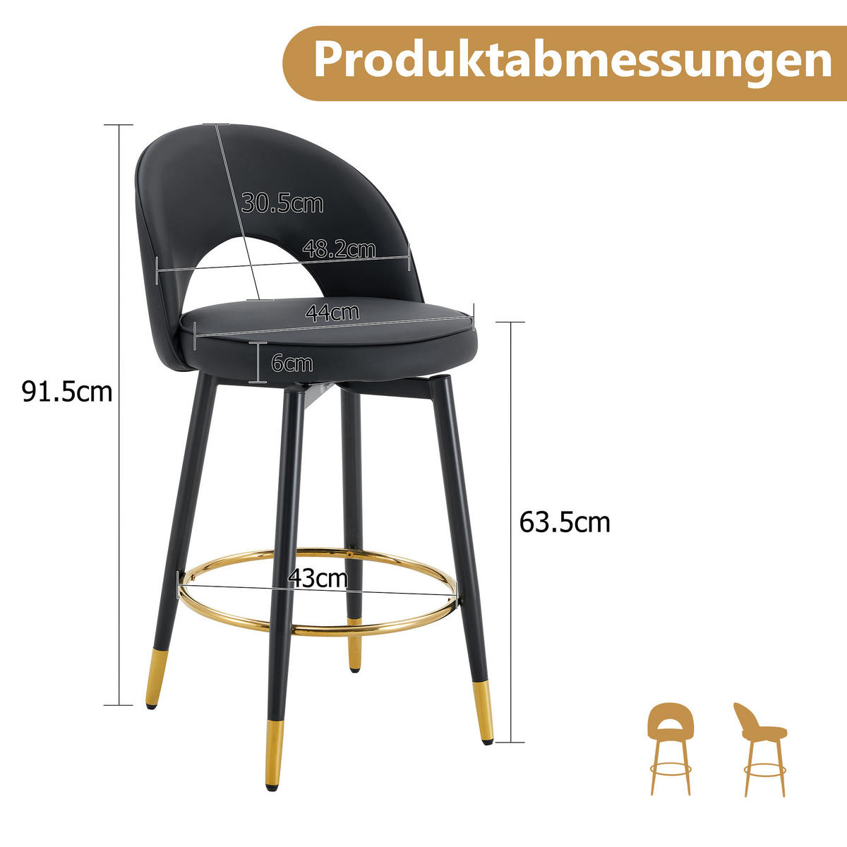 BARHOCKER 2er-Set Schwarz 360° drehbar mit PU-Leder und Rückenlehne - Schwarz, Metall (44/91.5/44cm) - PANGIVO