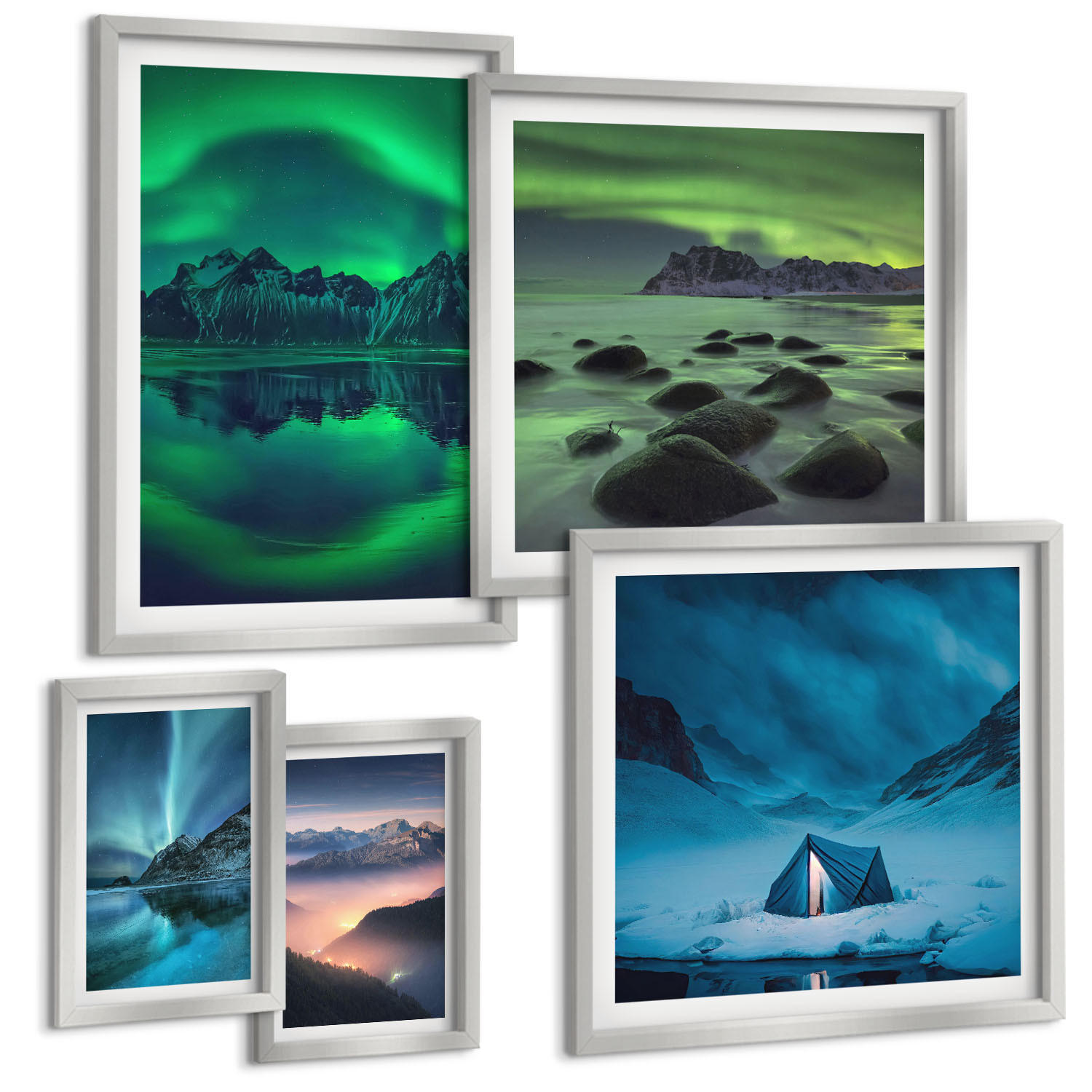 BILDER SET 5er Set - 50x50 cm & 20x30 cm & 40x60 cm Silberner Rahmen - Stilvolle Pflanzenmuster und Geometrie - Silberfarben, Kunststoff (40/60cm) - TULUP