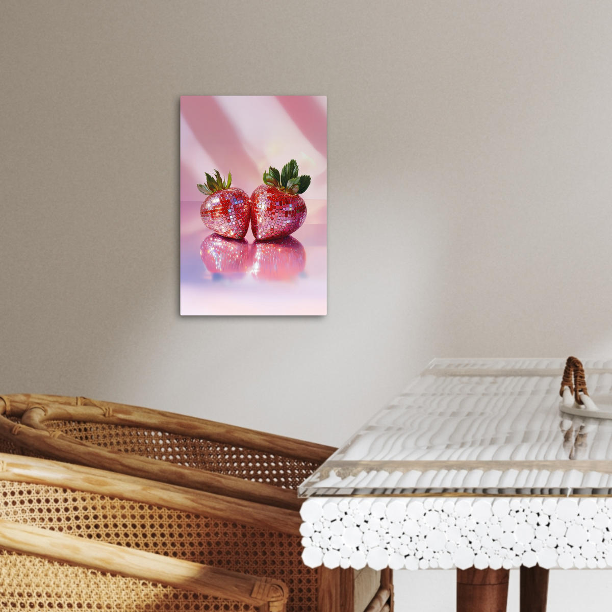 LEINWANDBILD Disco - Obst - Glitzer - Erdbeere 20x30 cm - Pink, Textil (20/30cm) - MuchoWow