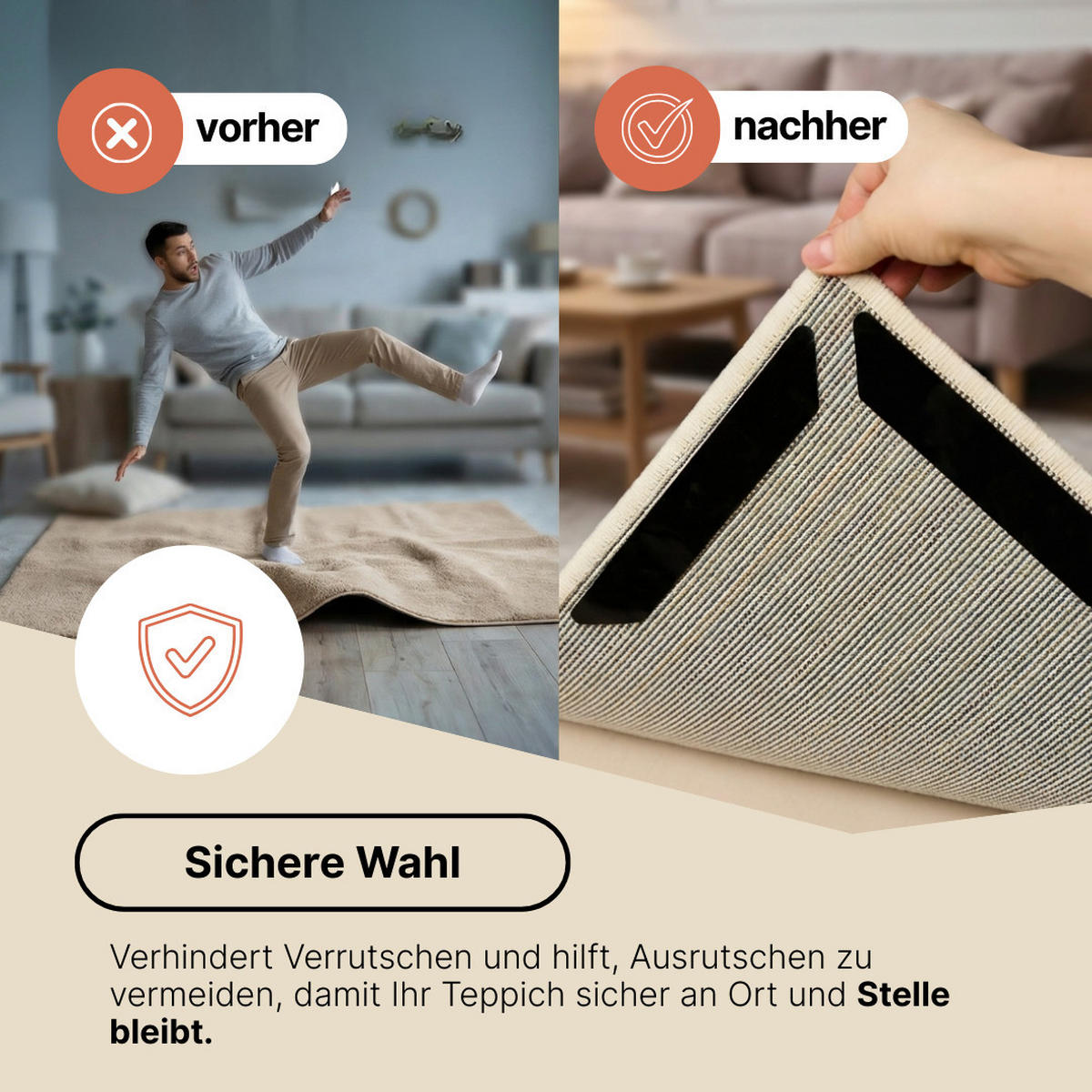 RUTSCHFESTE Teppichstopper 8er Set – selbstklebend, wiederverwendbar & unsichtbar, 180 x 30 mm - Schwarz, Kunststoff (3/18cm)