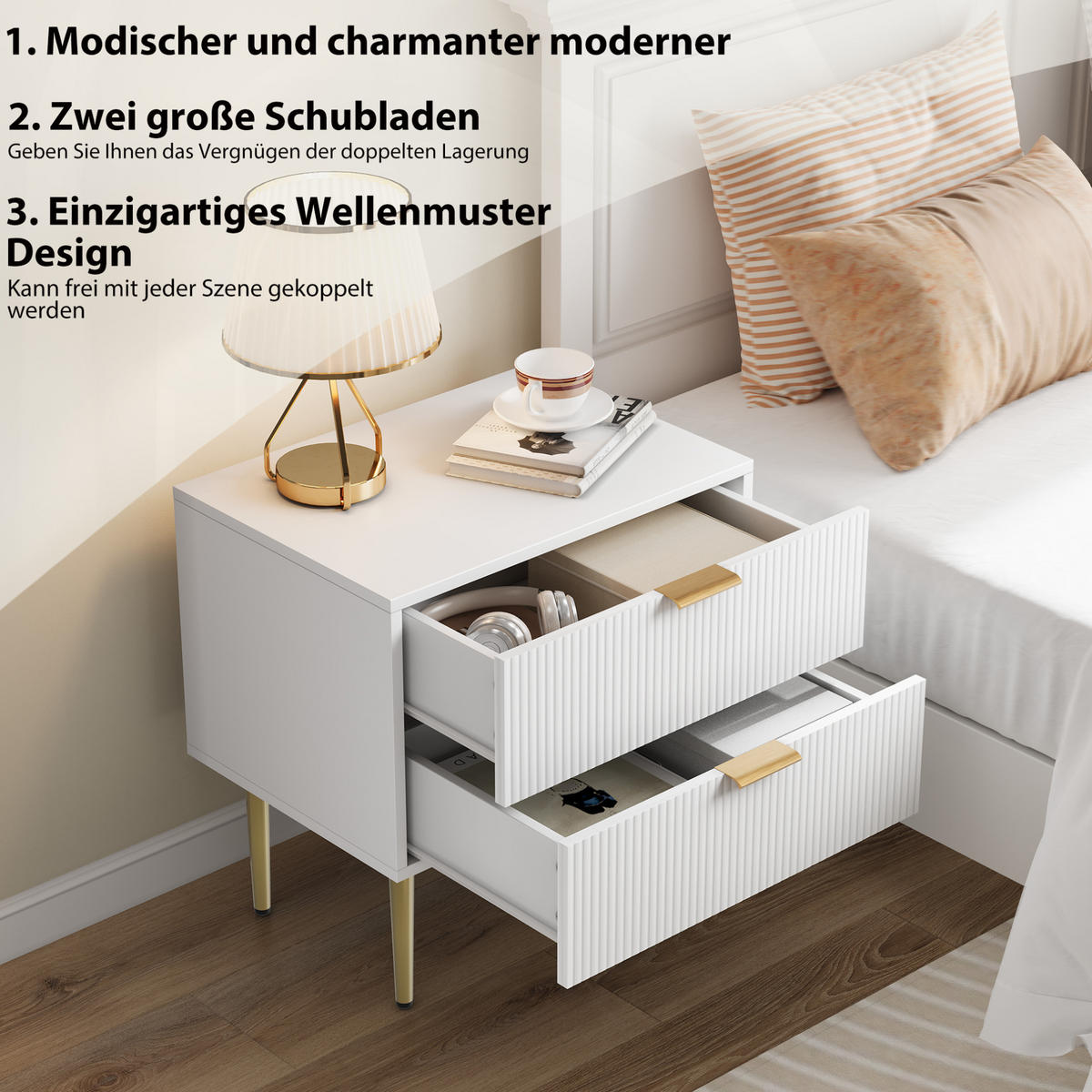 NACHTTISCH 53/41,3/52,5 cm mit 2 Schubladen in Weiß – modernes Rillendesign & Metallbeine - Weiß, Holzwerkstoff (41.3/52.5/53cm) - BEAOK