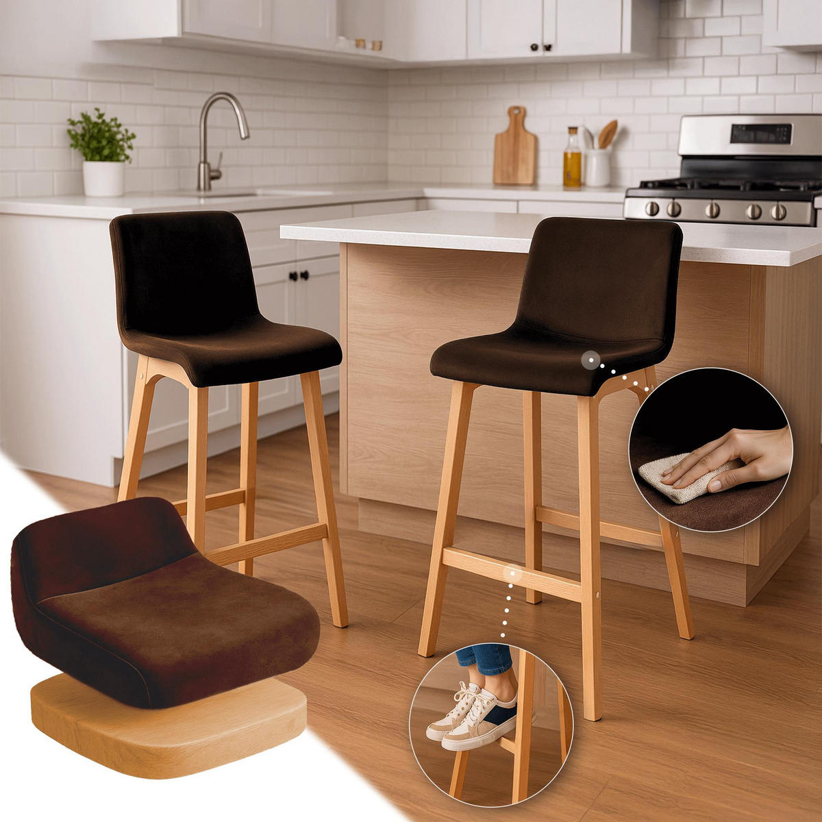 BARHOCKER Samt Braun - Eukalyptusholzfarben/Braun, Holz/Textil (41/101/46cm) - CLP