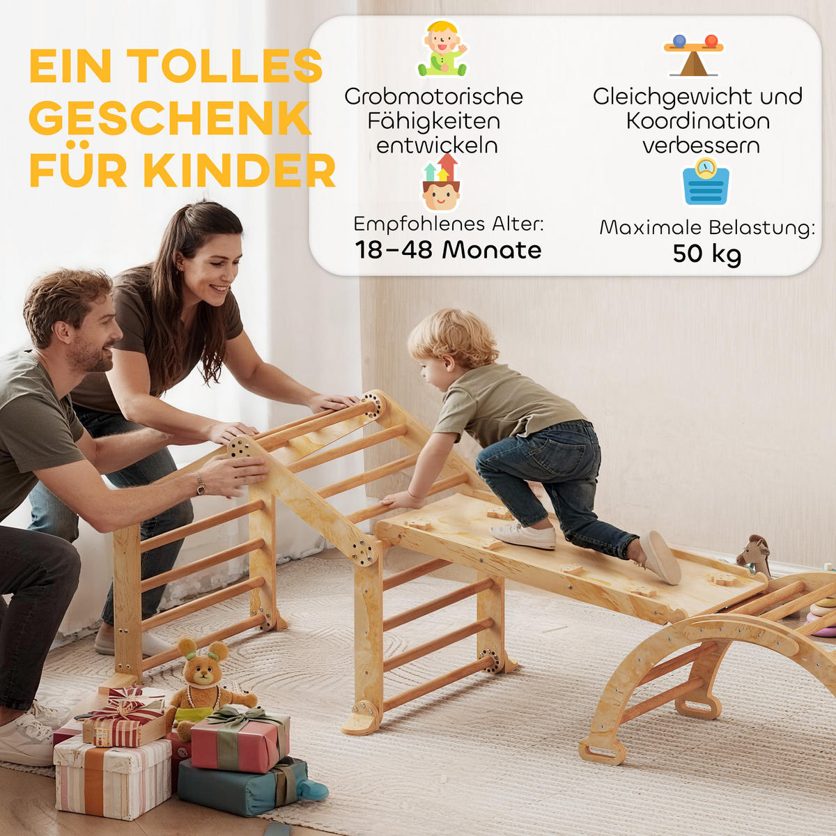 INDOOR-KLETTERGERÜST 9-in-1 Rampe Rutsche Leiter Schreibtafel - Naturfarben, Holz (52.5/48/100cm) - AIYAPLAY