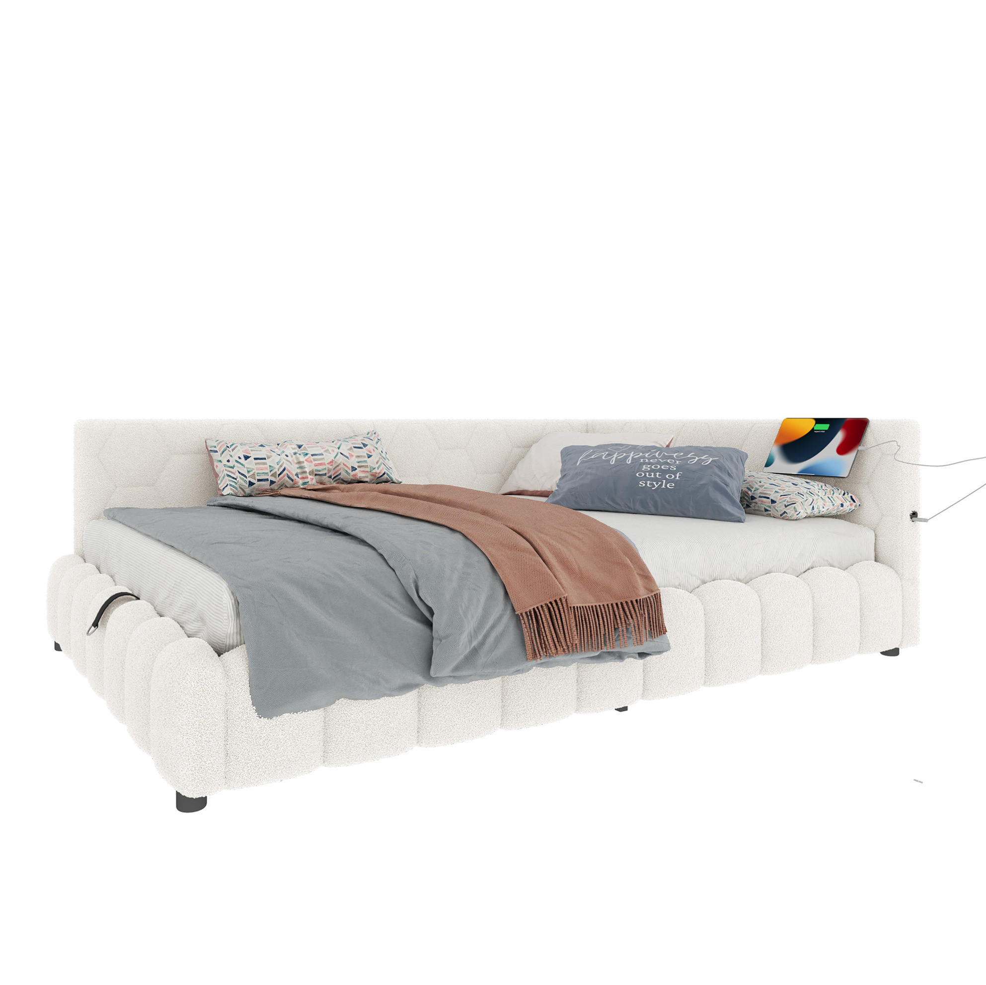 TAGESBETT 140/200 cm mit LED-Lichtleiste, USB, Typ-C und hydraulischem Bettkasten, Weiß - Weiß, Textil (140/200cm) - Redom