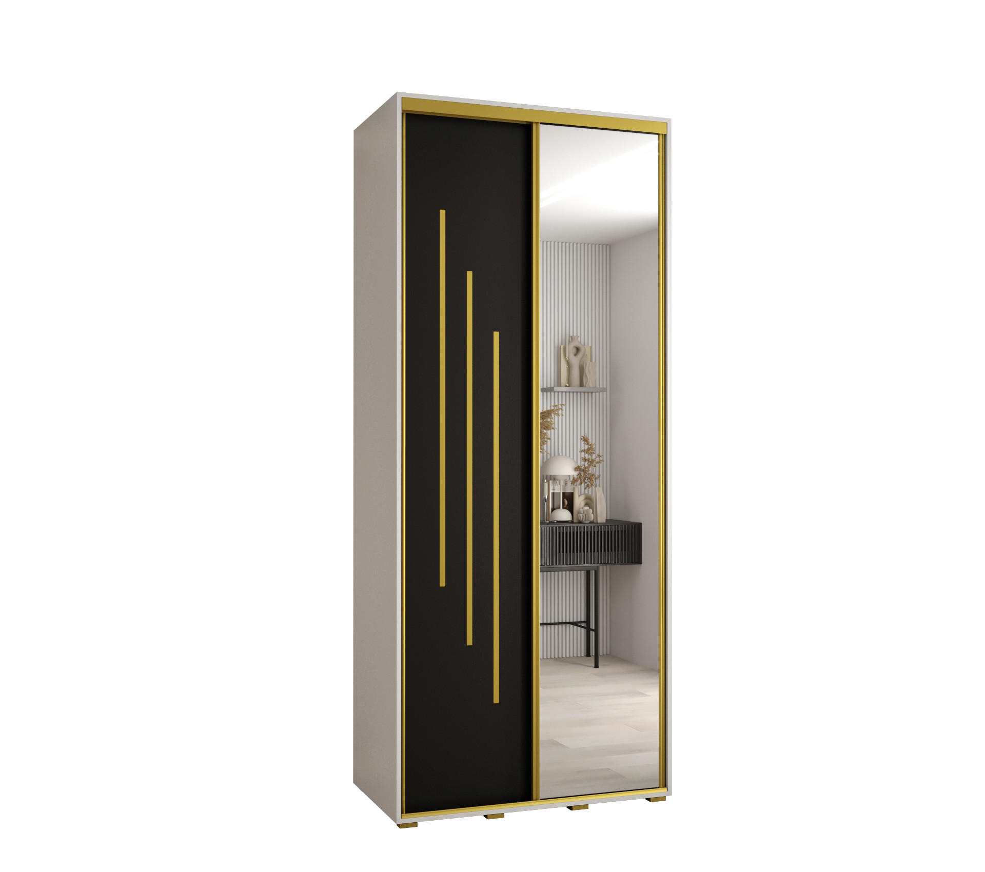 Abiks Möbel Schwebetürenschrank Weiß, Schwarz, Gold 120x235x45 cm