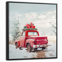 LEINWAND Bilder mit Rahmen - Auto - Rot - Geschenke - Winter - Schnee - Weihnachten - 50x50 - Rot, Textil (50/50cm) - MuchoWow
