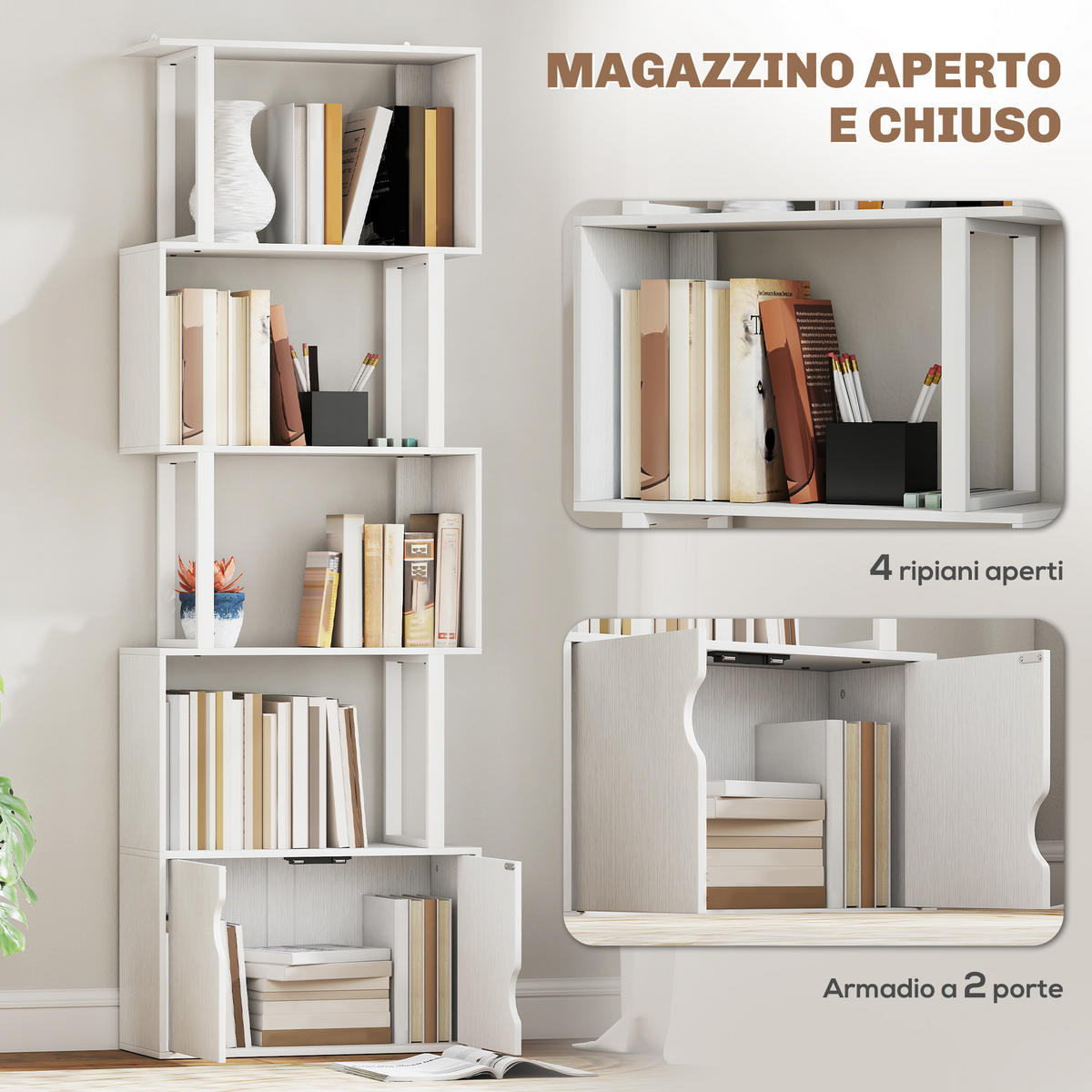 BÜCHERREGAL,5 Böden 2-türiger Holzschrank 60x23,8x179,2cm,weiß - Weiß, Holzwerkstoff (60/179.2/23.8cm) - Vallsero