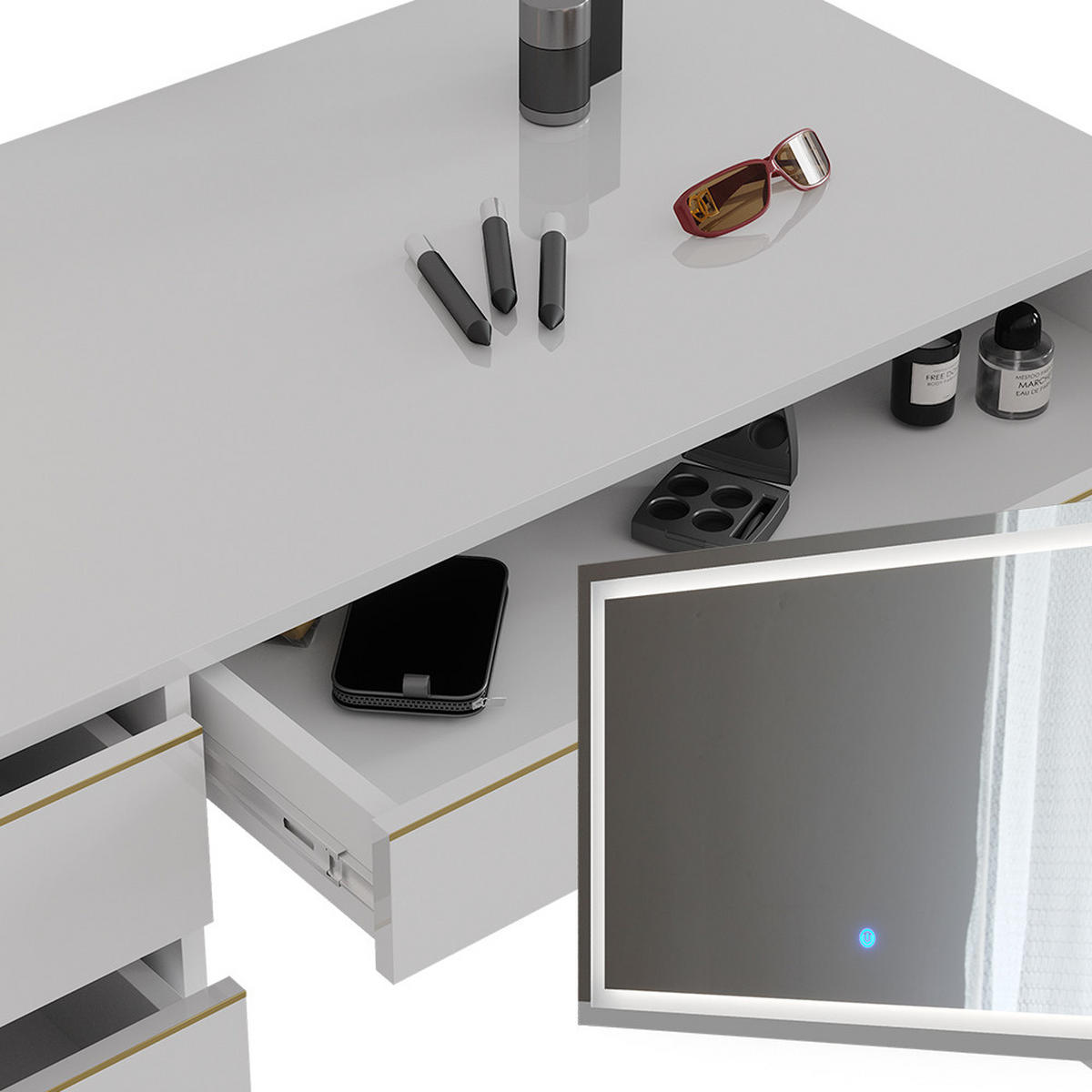 SCHMINKTISCH Sherry Weiß/Gold 120 cm mit LED-Spiegel - Goldfarben/Weiß, Holzwerkstoff (120/75/55cm) - Vicco
