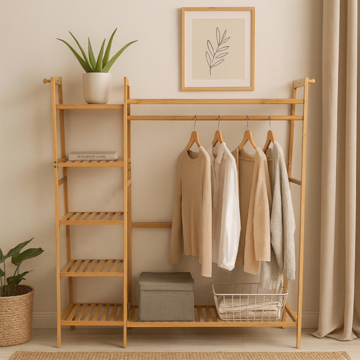 BAMBUSREGAL Bambus Naturfarben mit Seitenregal 140 x 130 x 40 cm - Naturfarben, Holz (130/140/40cm) - Begryf