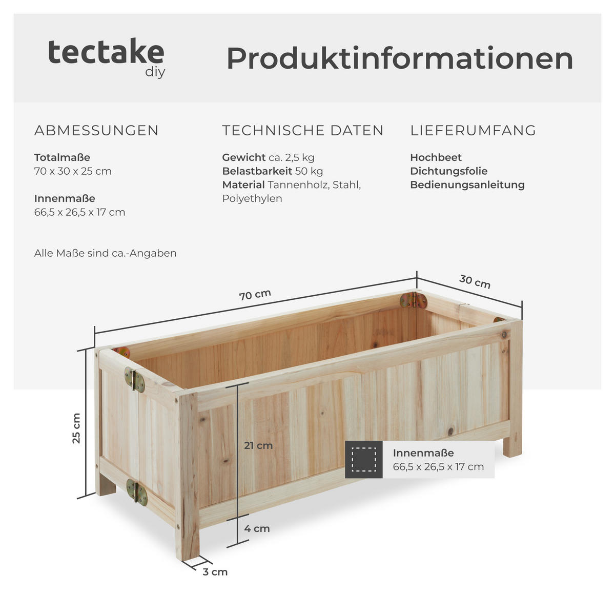 HOCHBEET Blomster,70 x 30 x 25 cm, Belastbarkeit 50 kg,braun - Braun, Holz (70/25/30cm) - tectake