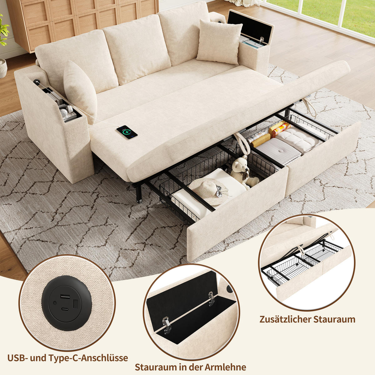 SCHLAFSOFA mit Schlaffunktion, Stauraum, USB & Type-C in Beige - Beige, Textil (210.5/93/192cm) - EVRYAE