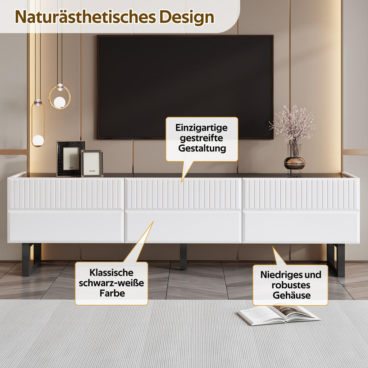 TV-STÄNDER 170x35x47 3 Schubladen Schwarz Weiß Design - Schwarz, Holzwerkstoff (35/47/170cm) - FLIEKS