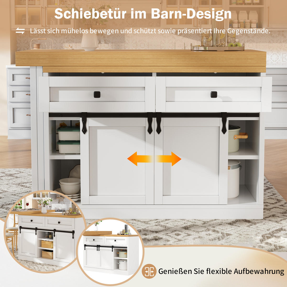 KÜCHENINSEL 360° Drehbar Ausziehbar Schiebetüren Weiß - Weiß, Metall (120/72/40cm) - FLIEKS