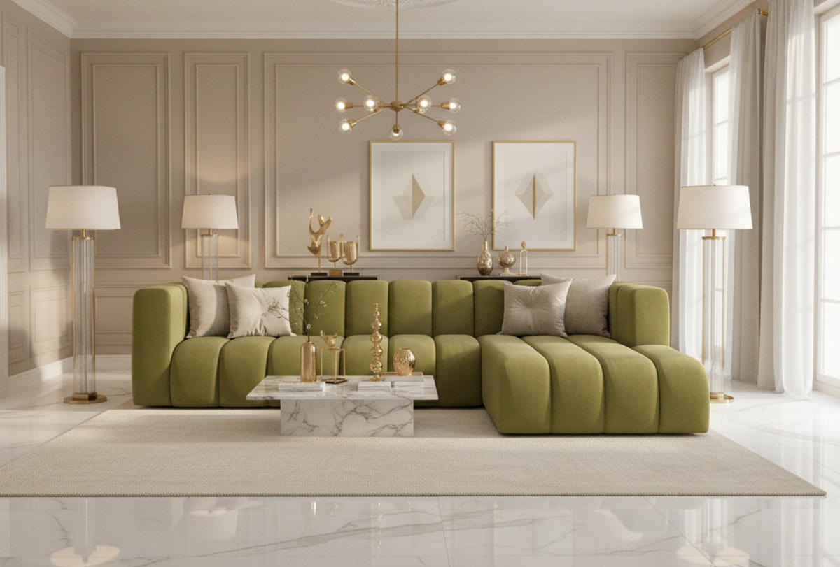 ECKSOFA L-Form GRAND 318 cm, Stoff Salvador, Olive, Rechts - Olivgrün, Holz (318/179cm) - Kaiser Möbel