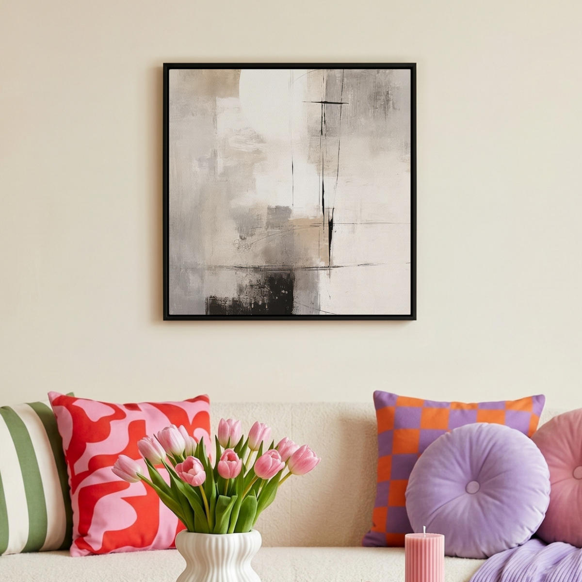 LEINWAND Bilder mit Rahmen - Abstrakt - Kunst - Grau - 50x50 - Hellgrau, Textil (50/50cm) - MuchoWow