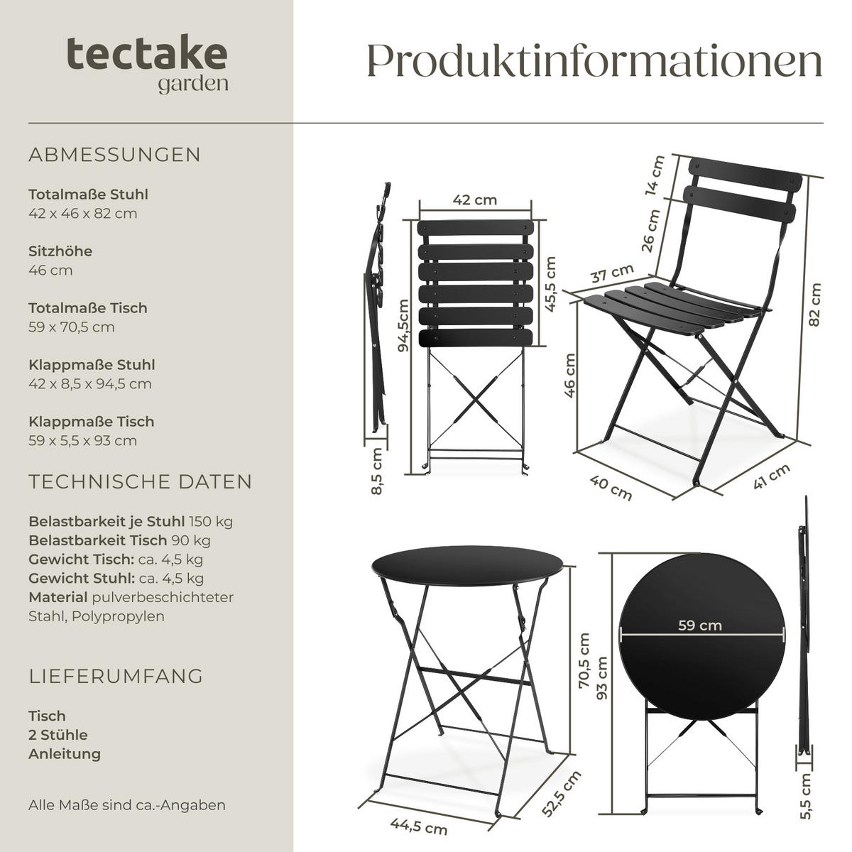 BISTROTISCH SET Frieda,Belastbarkeit Stuhl 120 kg,schwarz - Schwarz, Naturmaterialien/Textil - tectake