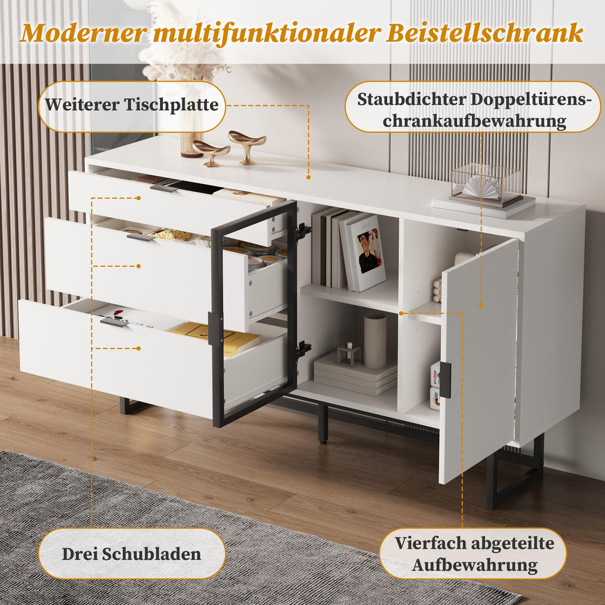 SIDEBOARD 160/36/78 cm mit LED-Beleuchtung, Glastüren & 3 Schubladen in Weiß - Weiß, Holzwerkstoff (160/78/36cm) - BEAOK