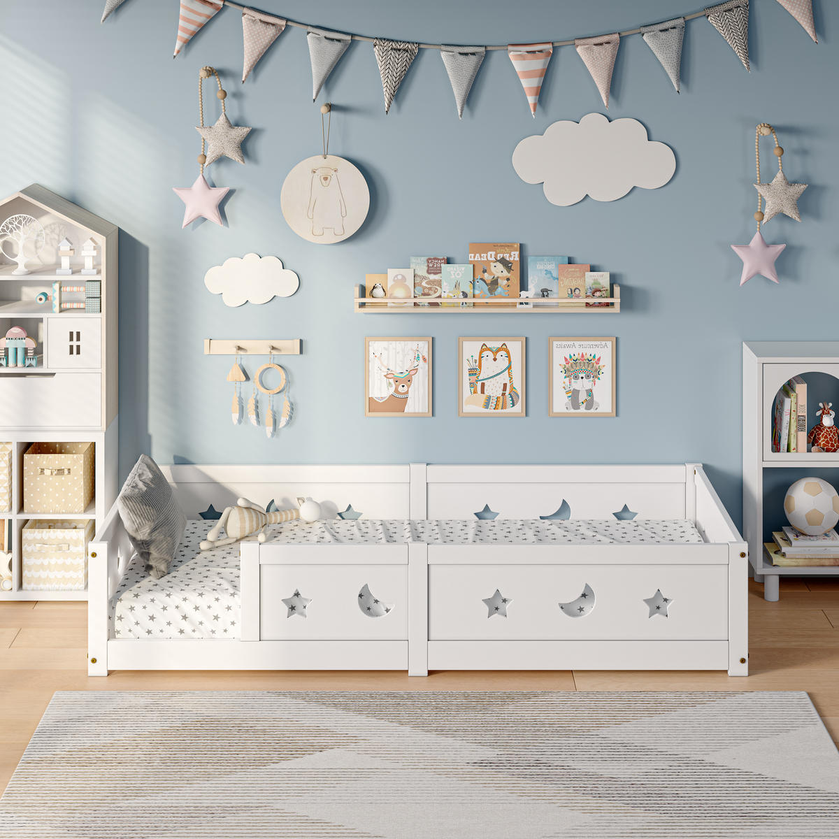 BODENBETT 90x200 cm, Weiß, Montessori Bett aus Holz mit Sternen- & Monddesign, FüR Jungen und MäDchen Geeignet - Weiß, Holz/Holzwerkstoff (90/200cm) - BursDany