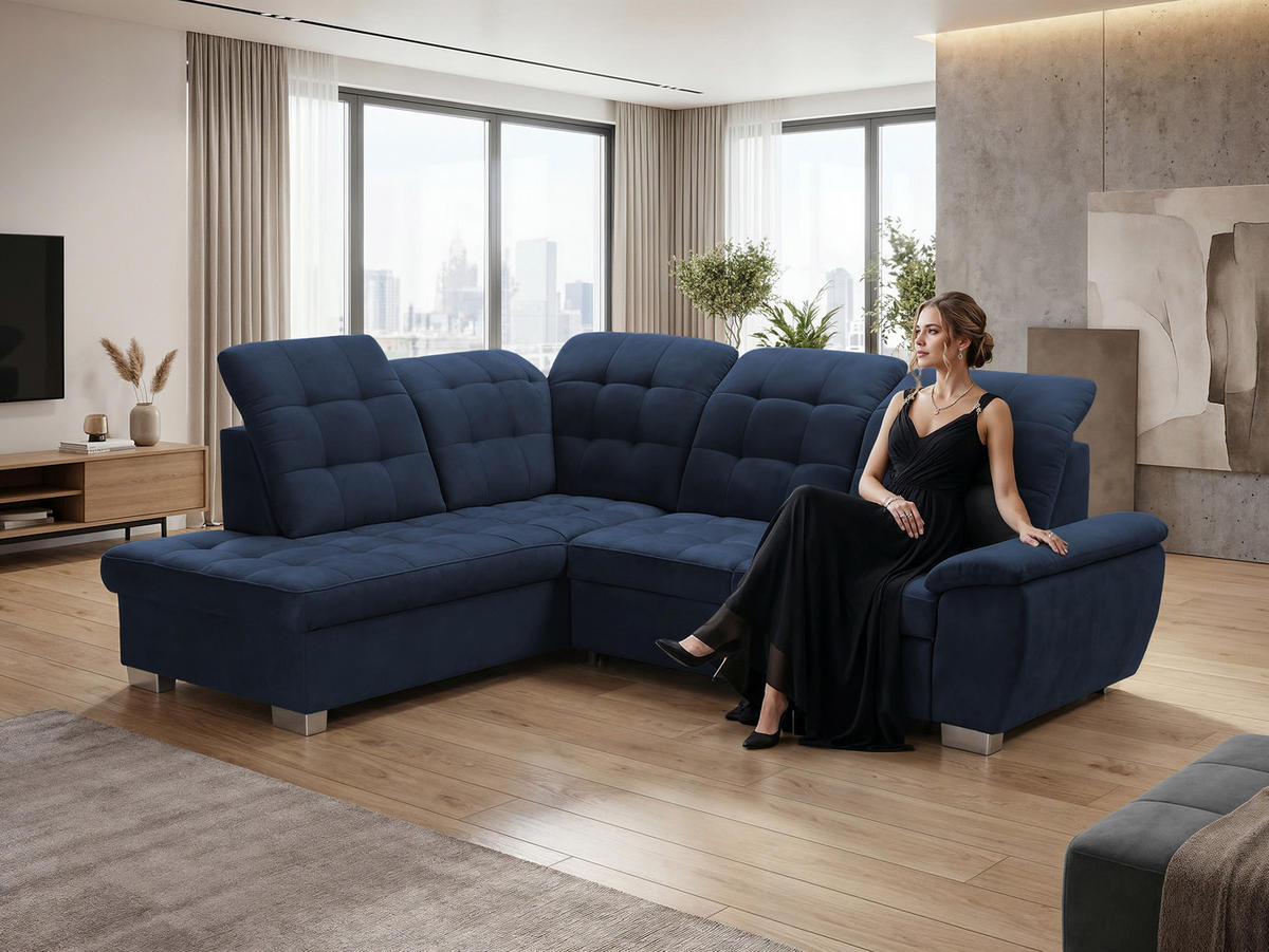 ECKSOFA LENO Links, mit Schlaffunktion und Bettkasten, Marineblau - Dunkelblau, Kunststoff/Textil (261/220cm) - Idohome