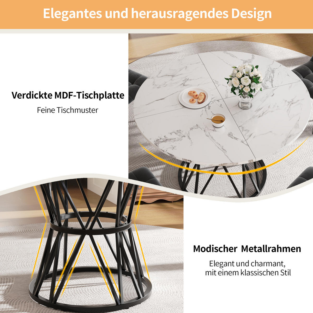 ESSTISCH rund 100/100/76 cm in Schwarz mit Marmoroptik und Metallgestell - Schwarz, Holzwerkstoff (100/100/76cm) - Flora Grace
