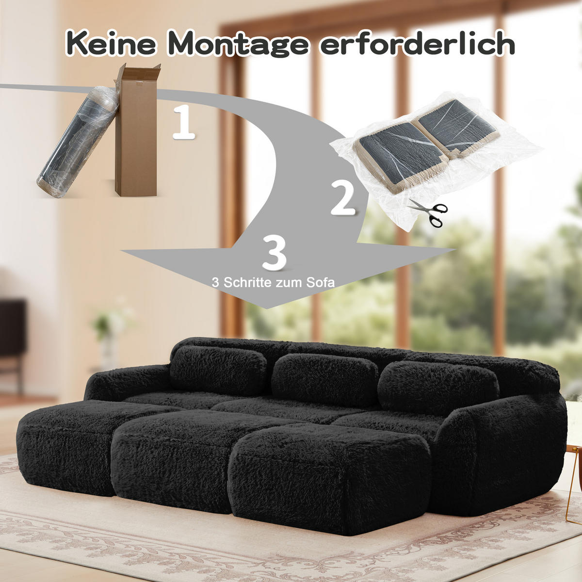 3-SITZER Sofa 291x179x73 cm aus Plüschstoff rahmenlos modular mit 3 Ottomans, schwarz - Schwarz, Textil (179/73/291cm)