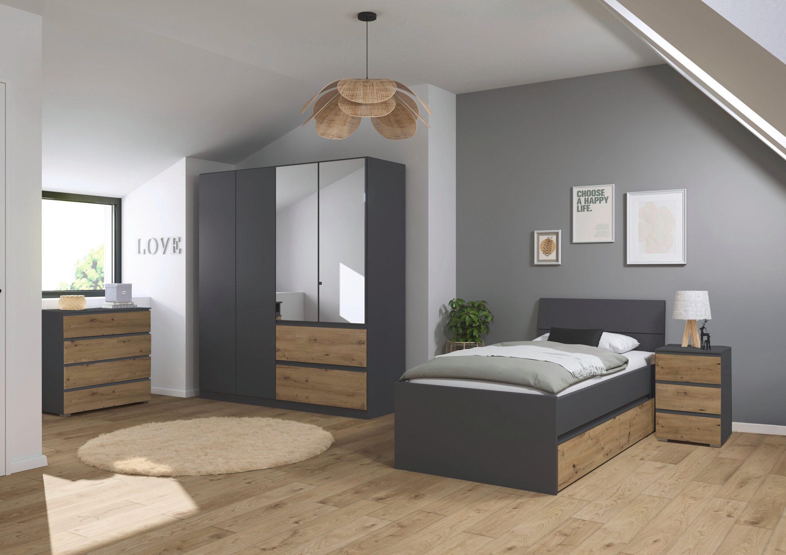 JUGENDZIMMER Joel in Grau Metallic und Artisan Eiche 4 teilig – mit 4türigem Kleiderschrank mit Spiegel, 90er Jugendbett, Nachttisch und Kommode - Grau, Holzwerkstoff (80/200/120cm)