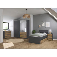 JUGENDZIMMER Joel in Grau Metallic und Artisan Eiche 4 teilig – mit 4türigem Kleiderschrank mit Spiegel, 90er Jugendbett, Nachttisch und Kommode - Grau, Holzwerkstoff (80/200/120cm)