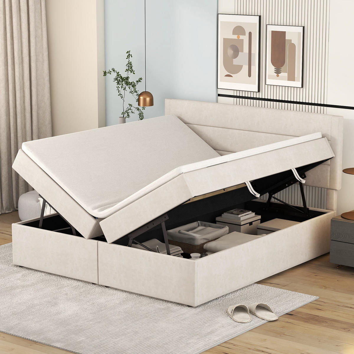 POLSTERBETT mit Bettkasten und Lattenrost 140x200 cm Beige - Beige, Holzwerkstoff (140/200cm) - Beauniv