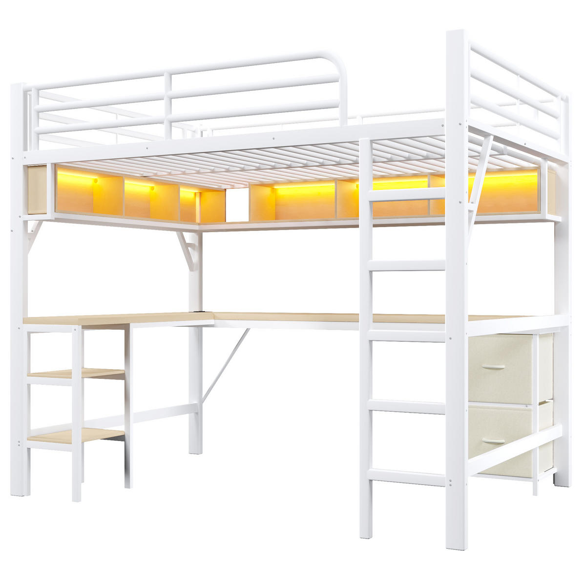 HOCHBETT 140/200 cm in Weiß mit Schreibtisch, Regal und LED - Weiß, Holzwerkstoff/Metall (140/200cm) - WISHDOR