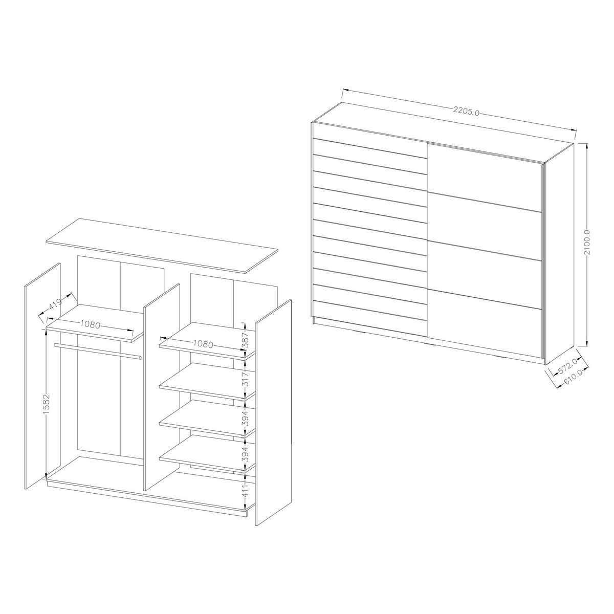 SCHWEBETÜRENSCHRANK GALASSIA 220/210/61 cm 2-türig Weiß - Eichefarben/Weiß, Holzwerkstoff (220/210/61cm) - MASSENO