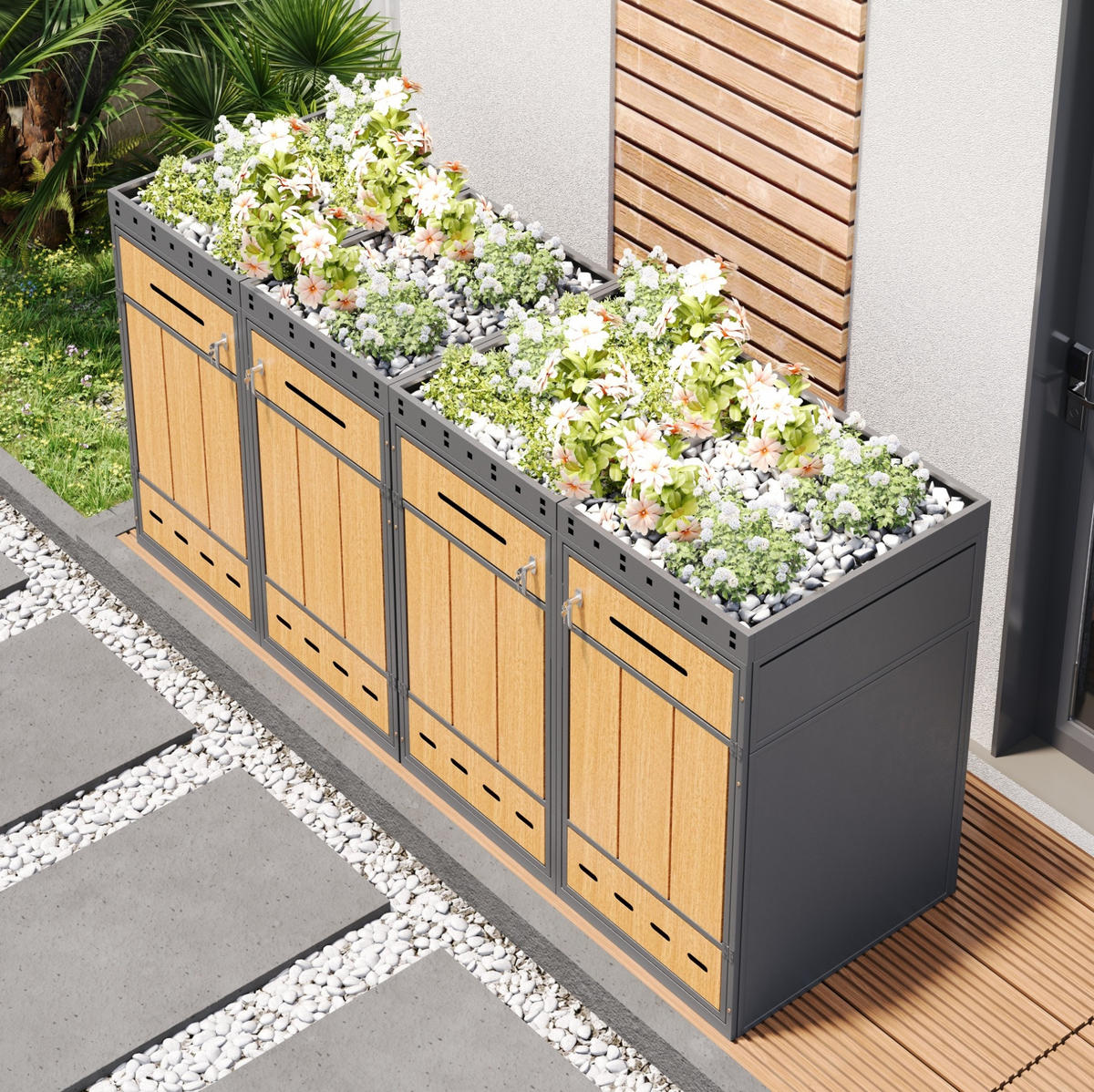 MÜLLTONNENBOX aus Stahl in Grau Holzoptik mit Pflanzdach & Schloss - Grau, Metall (264/124/80cm) - Modfu