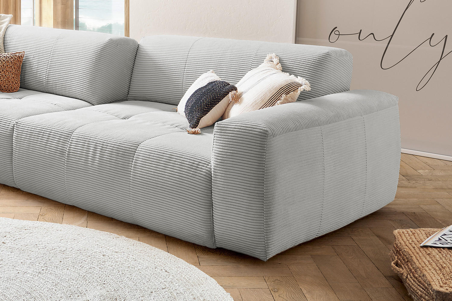 SOFA MIT SITZTIEFENVERSTELLUNG PALACE Grau Cord - Hellgrau, Textil (298/74/120cm) - KAWOLA