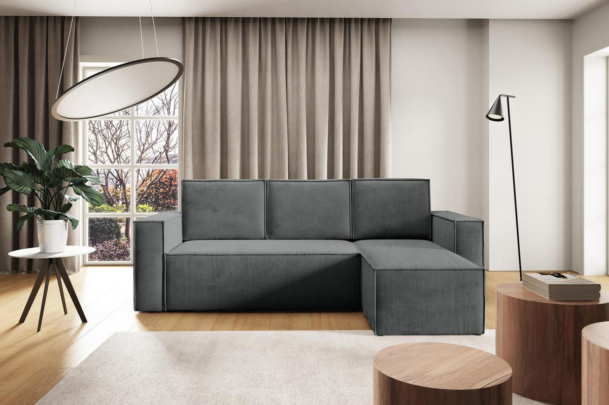 ECKSOFA Roda Grau, Cord-Ecksofa mit Schlaffunktion - Grau, Holzwerkstoff/Textil (248/150cm) - Bettso