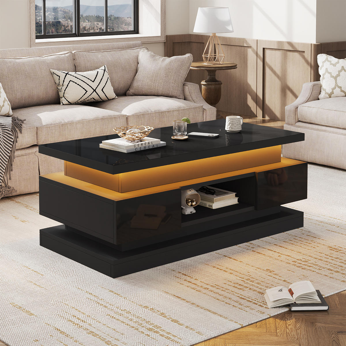 COUCHTISCH anhebbar Schwarz 2 Schubladen LED 100x50x40cm - Schwarz, Holzwerkstoff (100/50/40cm) - FLIEKS