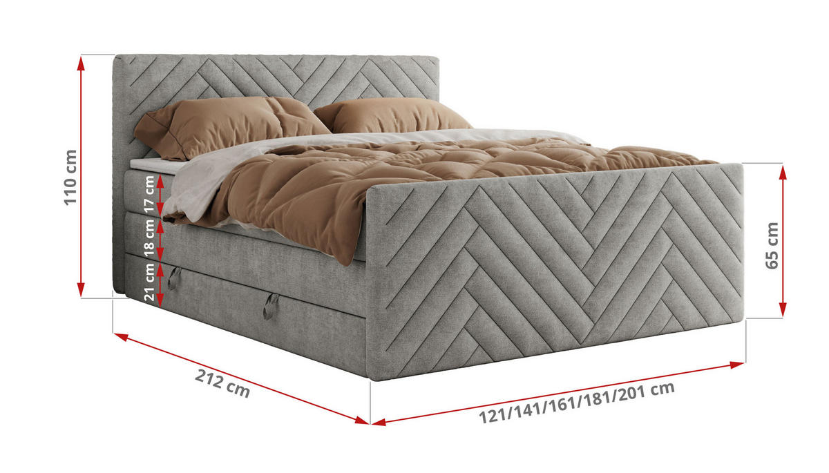 BOXSPRINGBETT PARIS KING DUO - 120/200 - Hellgrau Struktur - H3 - Hellgrau, Holz/Textil (120/200cm) - MKS