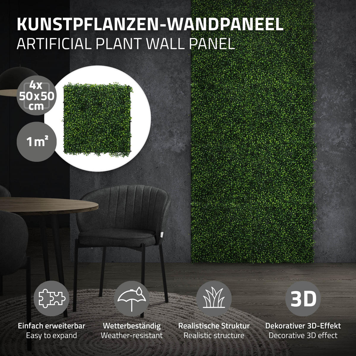 UMĚLÁ ROSTLINNÁ STĚNA, sada 4 ks, 50 x 50 cm, umělé rostliny na stěnu, interiér i exteriér, zelená, Classic Buxus - tmavě zelená, plast (50/50/5cm) - ECD-Germany