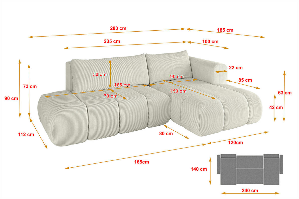 ECKSOFA Ottomane Rechts CLOUD-L 280x185x90 Hellgrau Cord - Hellgrau, Holzwerkstoff/Kunststoff (185/280cm) - ALTDECOR